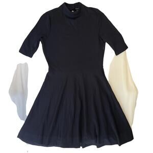 Forever 21 Women Dress M Navy Fit & Flare Button 3/4 Sleeve Knee Length